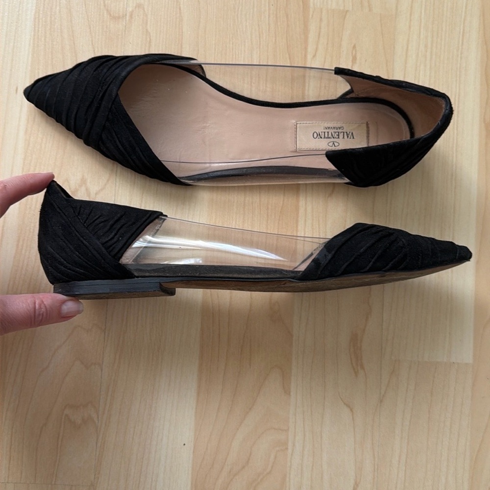 Valentino Garavani black pointed toe suede clear side flats, size EU 38/ US 8